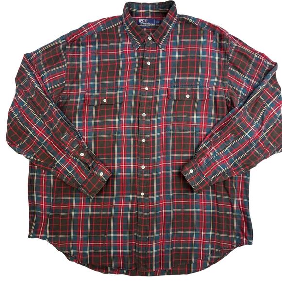 Vintage Polo Ralph Lauren Shirt Mens 2XL XXL Plaid Pockets Designer Preppy - Picture 2 of 10